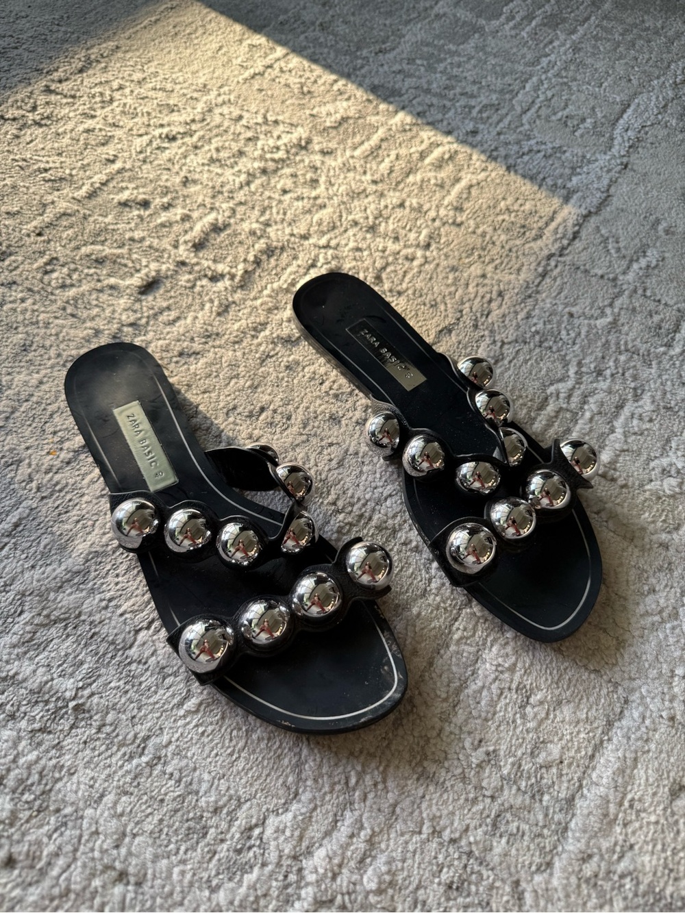 Zara Black Slide Mules with Silver Ball Embellishments